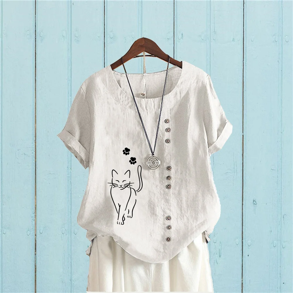

Round Neck Cat Print T-Shrit Summer Casual Short Sleeve Shirt Women Fashion Tee Shirt Plus Size Top Ladies Loose Blouses