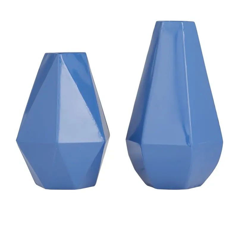 

12", 10"H Geometric Blue Metal Vase, Set of 2