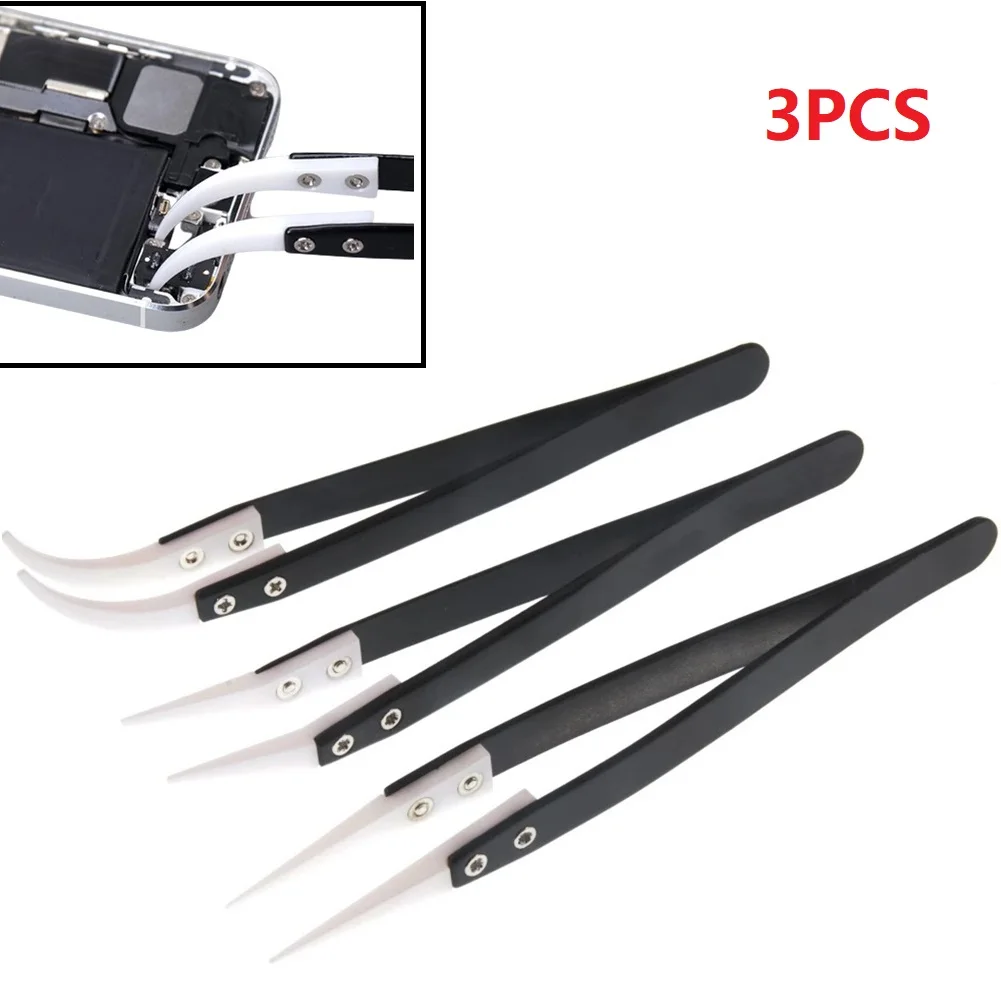 

3 Pack Ceramic Straight Tip Electronic Soldering Tweezers, Anti-Static Reverse Acid Resistant Precision Chuck Ceramic Tweezers