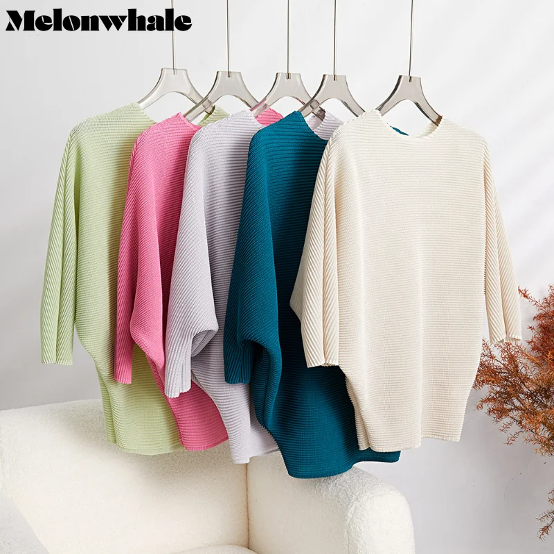 

MelonWhale New Pleated Batwing Sleeve T-shirts for Women Round Collar Loose Solid Color Female Elegant Casual Breathable Clothes