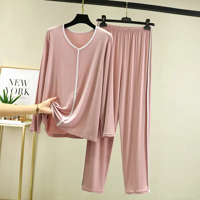 Women's Modal NEW Soft Pajamas Casual Sleepwear Set Women Pajama Set Full Sleeves Fashion Stripe V-Neck Shirt Pant Homewear