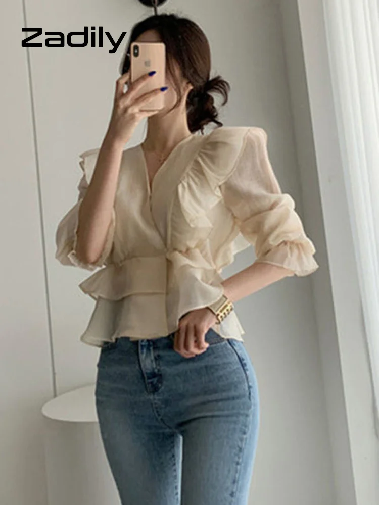 

Summer Office Lady Women Blouse Three Quarter Lantern Sleeve V Neck Ruffles Chiffon Shirt Elegant Female Clothing