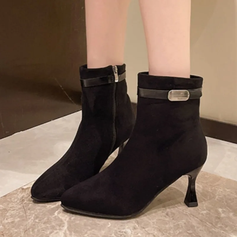 Женские ботильоны на высоком каблуке пикантные замшевые элегантные туфли с