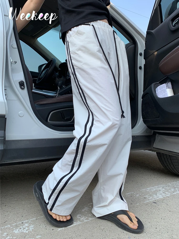 

Weekeep Contrast Color Striped Cargo Pants Low Rise Baggy Drawstring Jogging Casual Trousers y2k Aesthetic Women's Pants Street