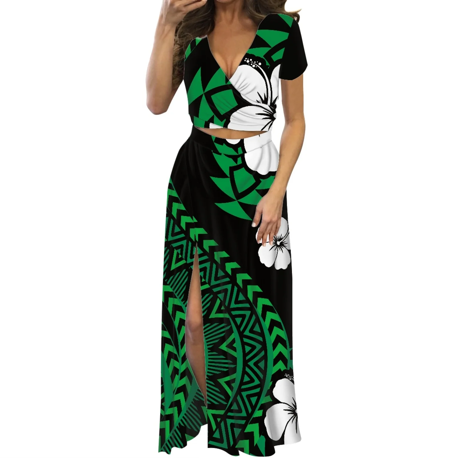 

Elegant And Casual V-neck Short-Sleeved Dress New Summer Polynesian Tribal Print Ladies Sexy High-Waisted Slit Party Dress