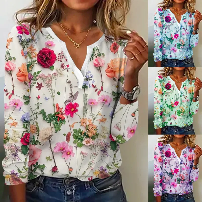 

2023 Summer New Wide Digital Printing V-neck Long Sleeve T-shirt 5XL
