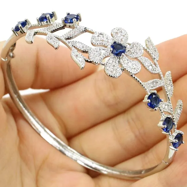 

925 SOLID STERLING SILVER BRACELET Ravishing Floral Pattern Red Blood Rubies Green Peridot Tanzanite White CZ New Statement