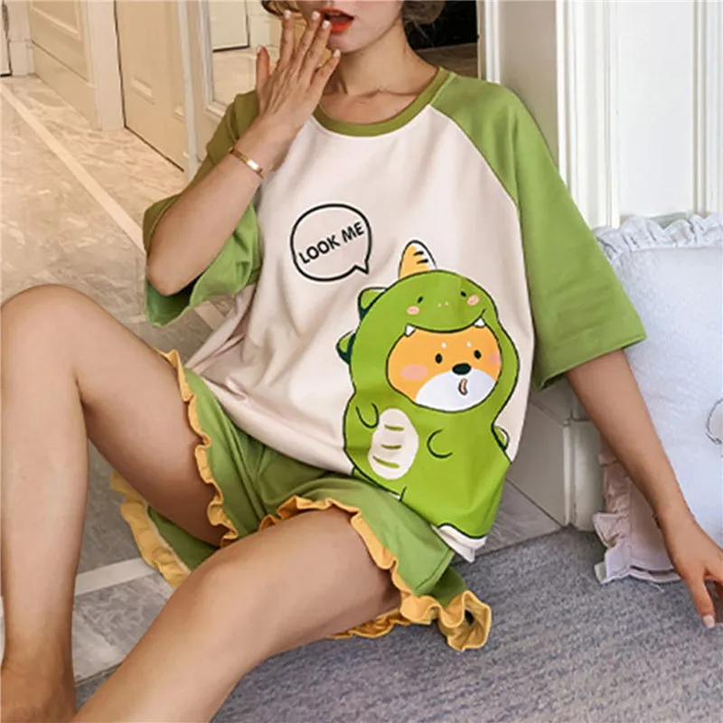 

Женская летняя Пижама размера плюс, шорты, одежда для сна для отдыха, новинка, женская пижама большого размера с милым мультяшным принтом, домашний костюм