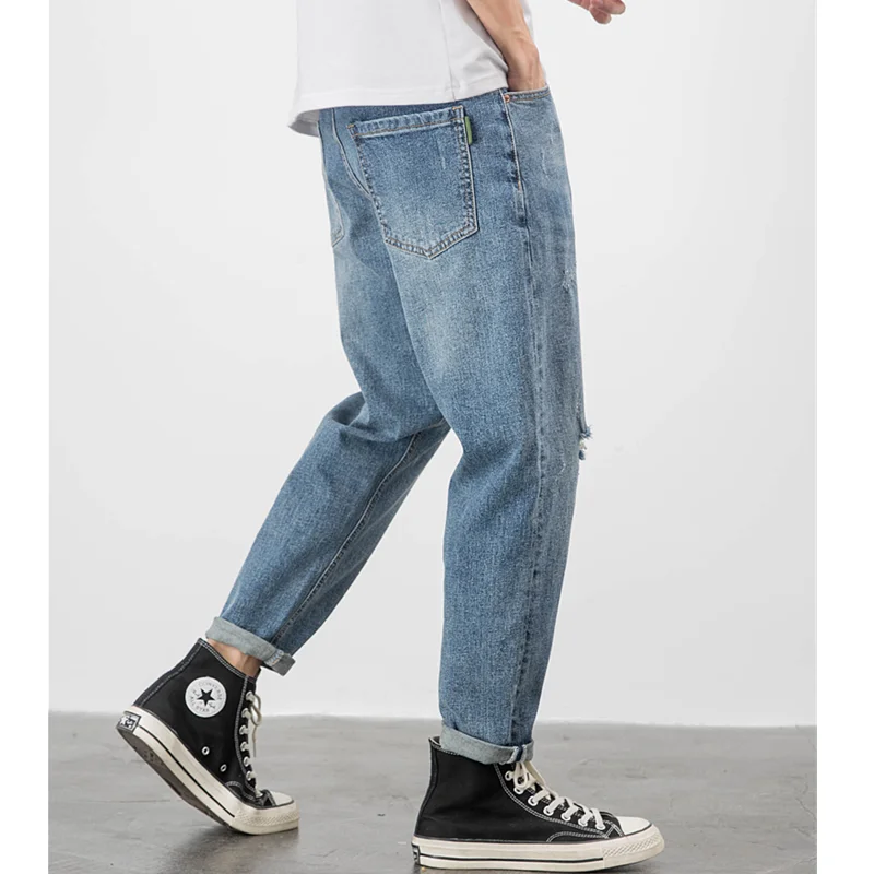 Men Clothing Autumn and Winter New Straight Loose Cylinder Jeans Vintage Elastic Force Comfortable Blue Ripped Trousers Women