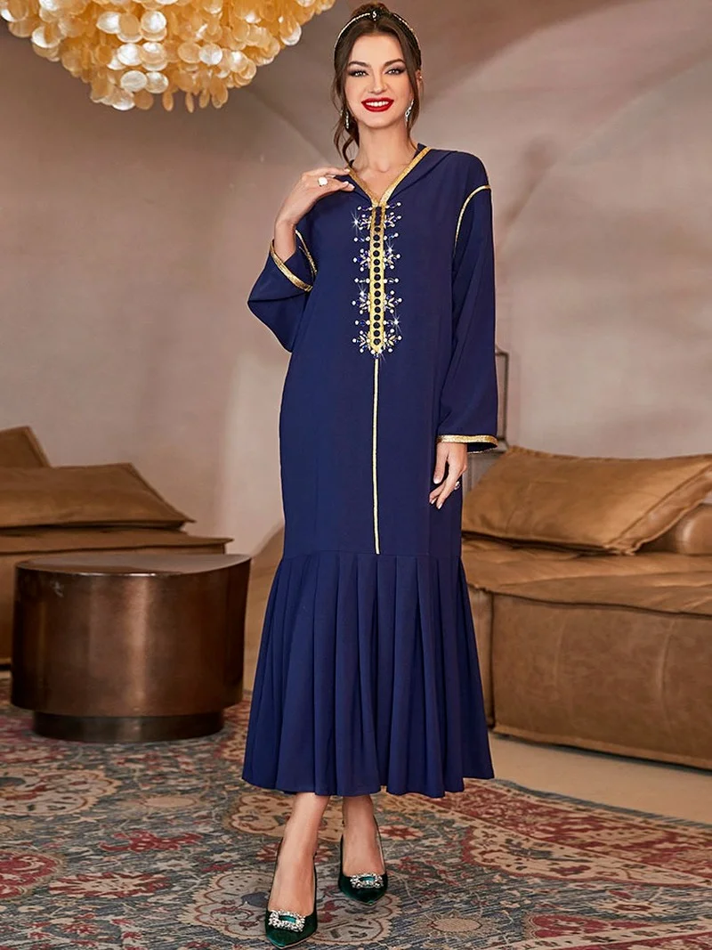 Pleated Kaftan Djellaba Women Hooded Dubai Abaya Saudi Gulf Evening Party Robe Moroccan Caftan Ramadan Muslim Arabic Long Dress