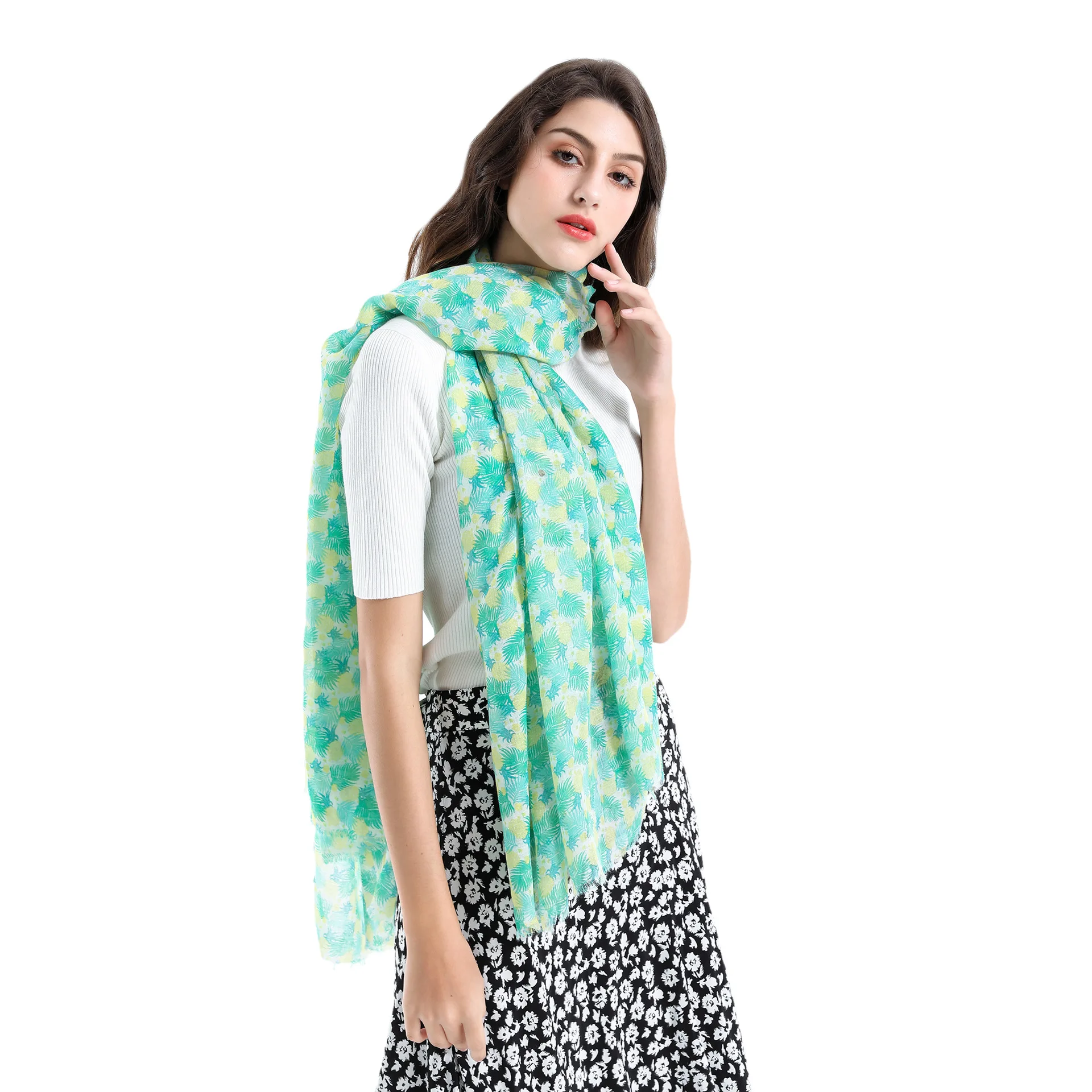 

Spring And Summer Fresh Leaf Pattern Travel Vacation Everything On Light Cotton And Hemp Scarf Female