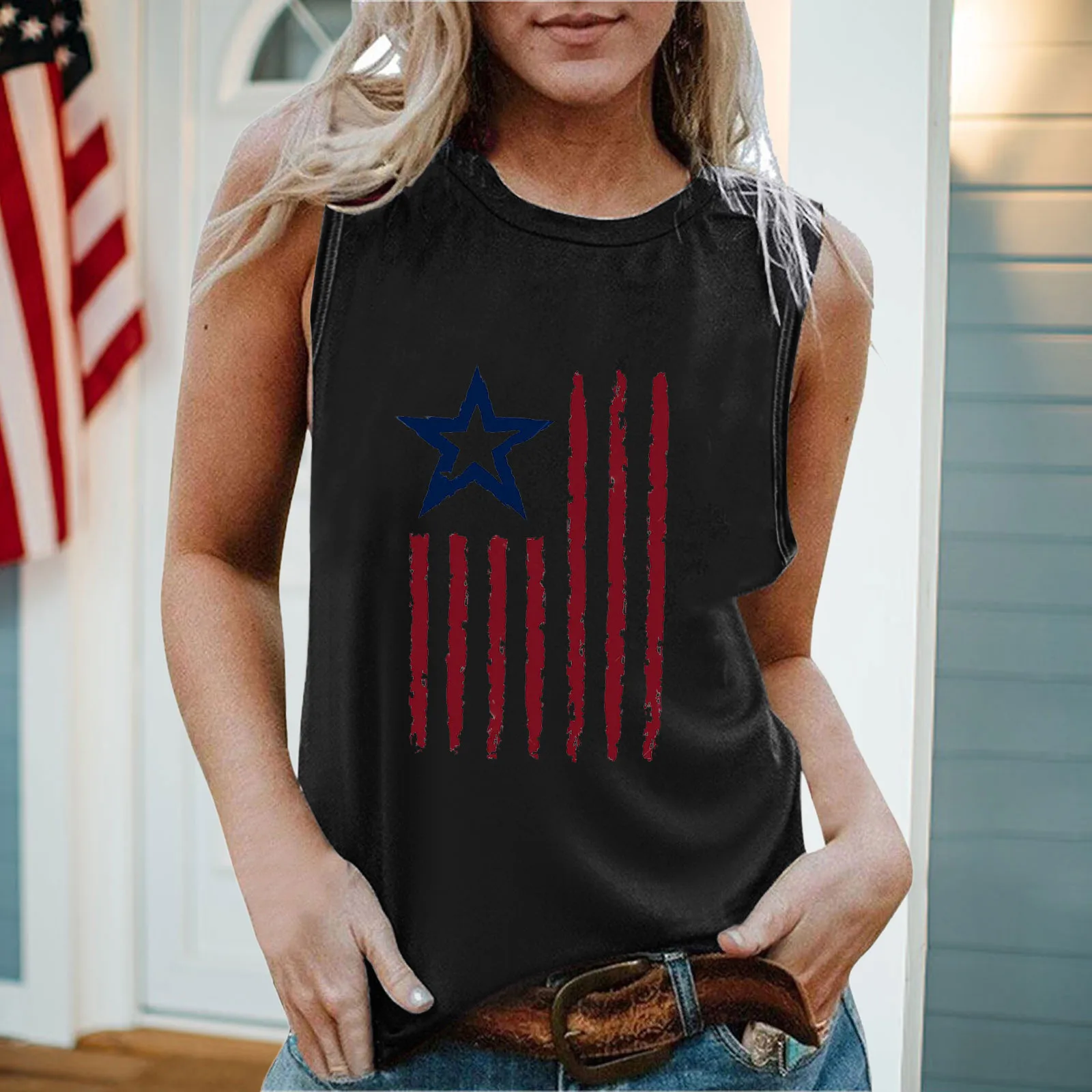 

Футболка женская с принтом в виде американского флага, повседневный удобный топ без рукавов, с круглым вырезом, популярная рубашка