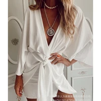 womens dress summer sexy solid color loose lace up dress womens fashion batwing sleeve v neck irregular dress