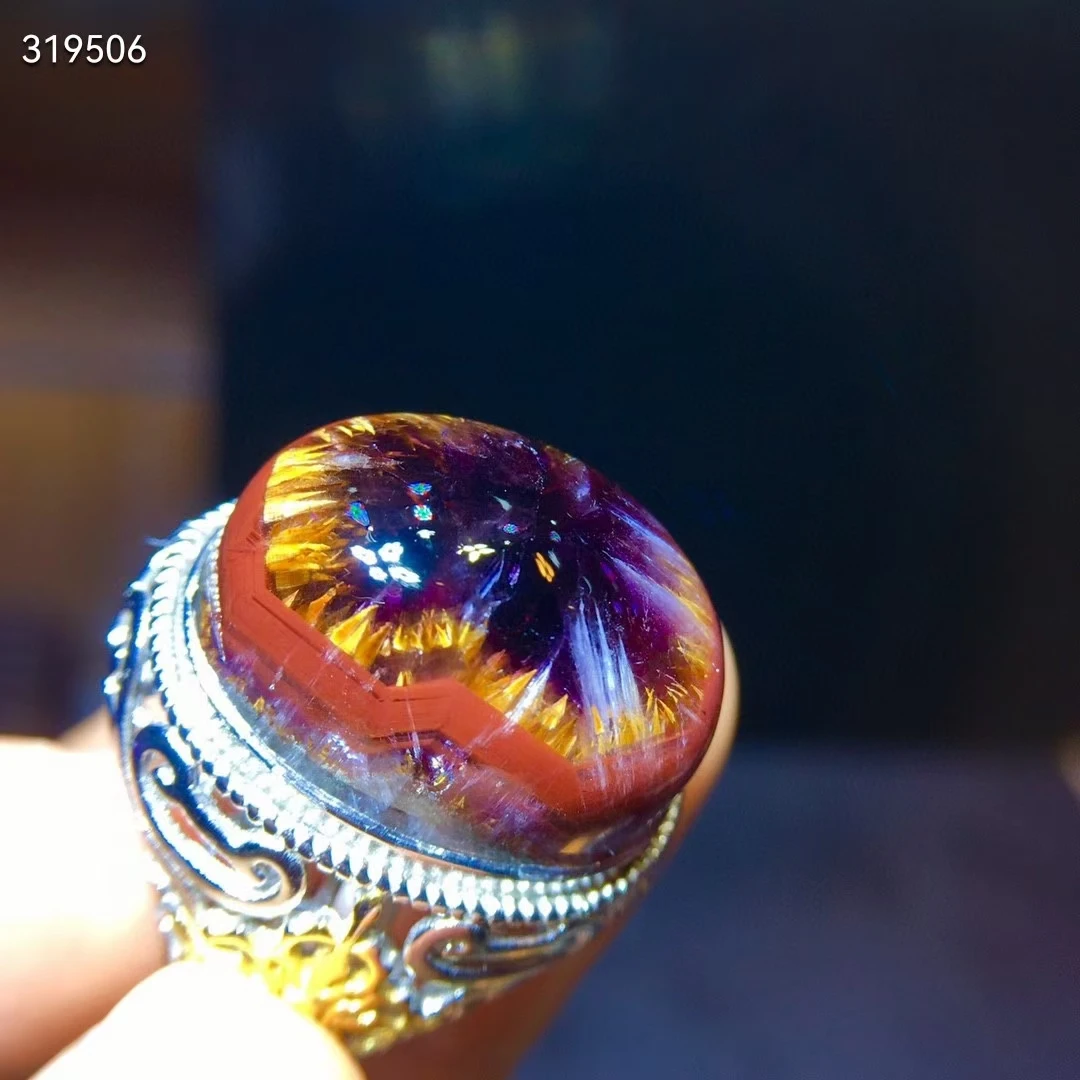 

Natural Purple Cacoxenite Auralite 23 Red Adjustable Ring Women Men Gold Rutilated Quartz 22.1/17mm Water Drop Size AAAAAA