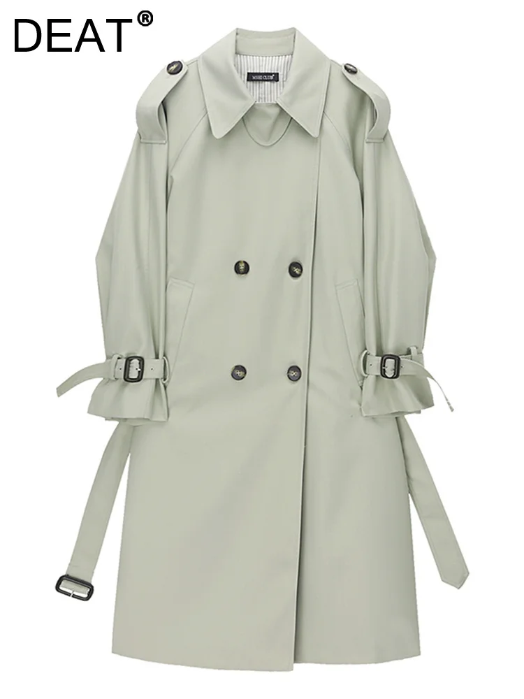 

[DEAT] Light Green Women's Overcoat Double Breasted Outwear Tunic New Lapel Long Sleeve Tunic Windbreaker Spring New 13DA3597