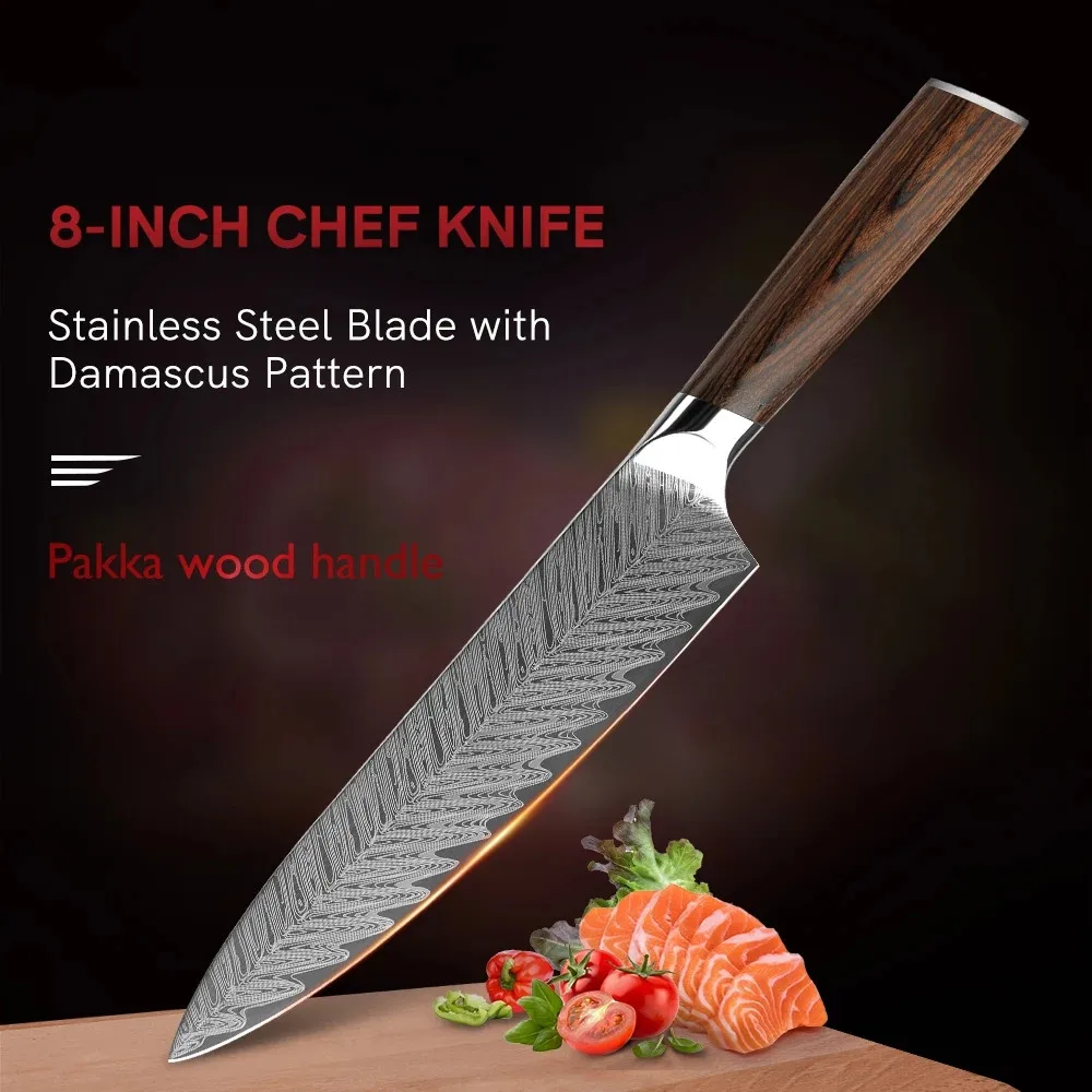 

8'' Professional Chef Knife Damascus Feather Pattern Stainless Steel Pakkawood Handle Kitchen Knife