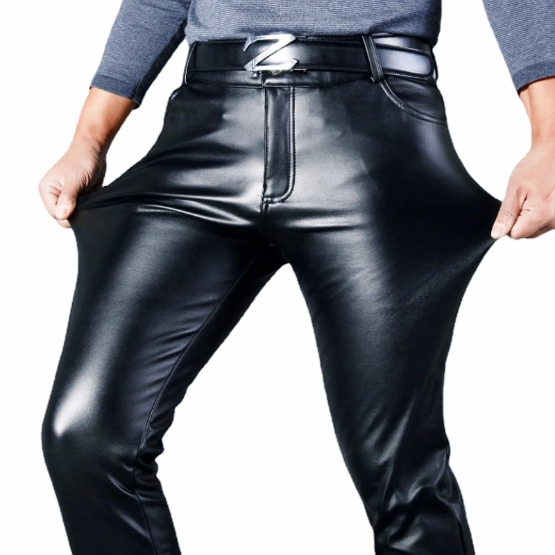 

Motorcycle Biker Leather Pants Working Elastic Lightweight Casual PU Leather Trousers Straight Leather Pants for Men
