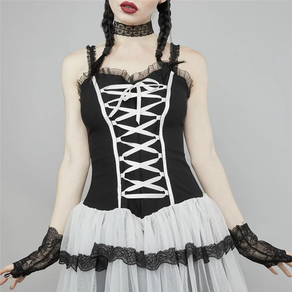 

2022 Fashion Women Dress Lolita Lace Patchwork Non-sleeve Pullover Gothic Style Punk Sexy Ladied Suspenders Dress For Summer