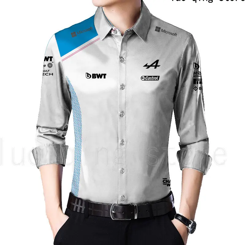 

2023 F1 Race Outdoor Extreme Sports Top Oversized shirt Casual Men's Dress Alps Team New Blue And White Lapel Breathable T-shirt