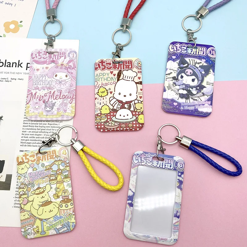 

Kawaii Sanrio Anime Figure Hello Kitty Kuromi Keychain Cartoon Sliding Card Holder Lady Id Card Credit Card Lanyard Toys