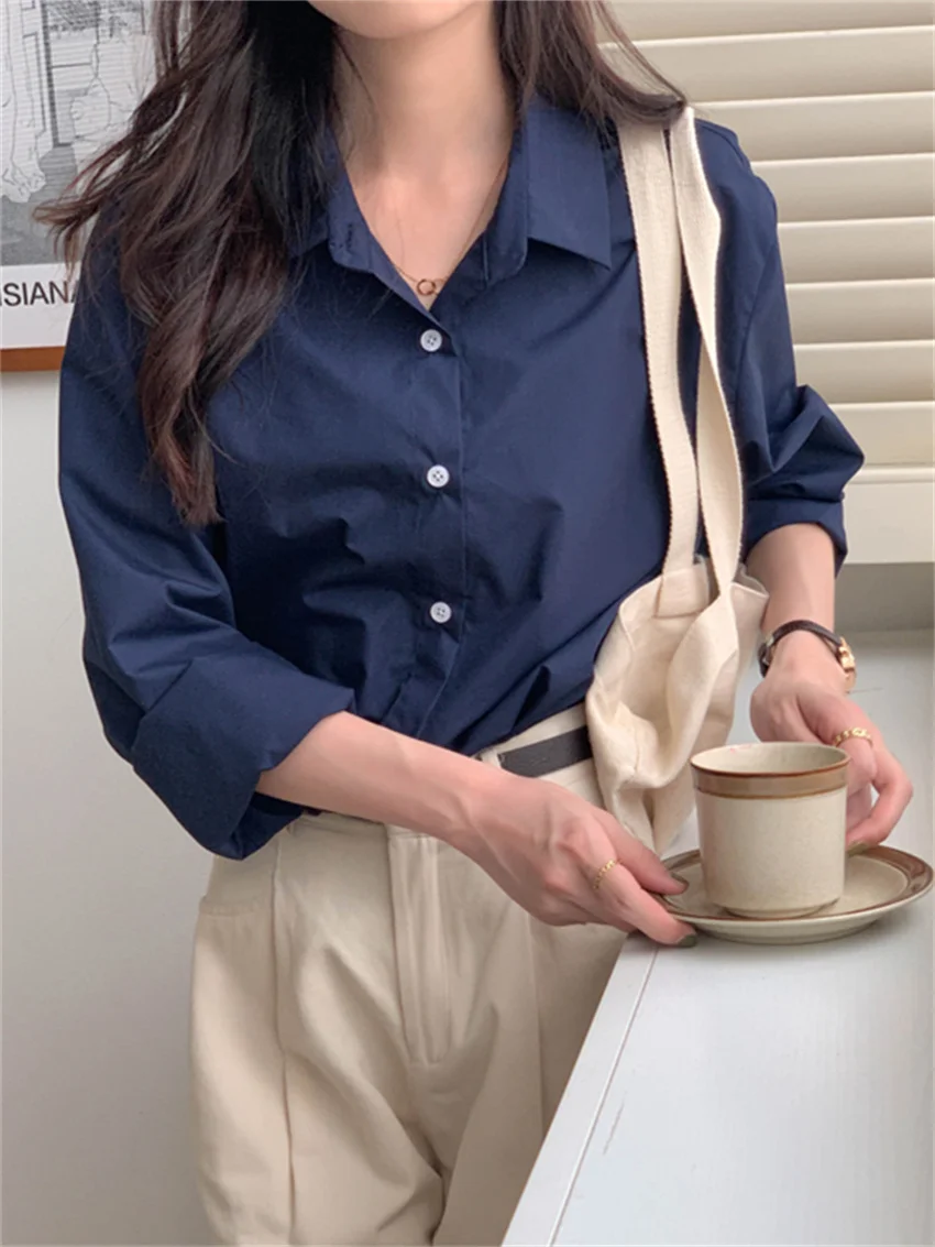 

2023 Spring Work Wear Shirts OL Women Hot Sale Solid Full Sleeve Preppy Style Chic Office Lady Casual New Loose Normcore