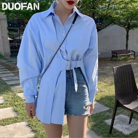 duofan 2022 women elegant blouses korean fashion long sleeve lapel irregular belt shirt skirt casual ladies work button up tops