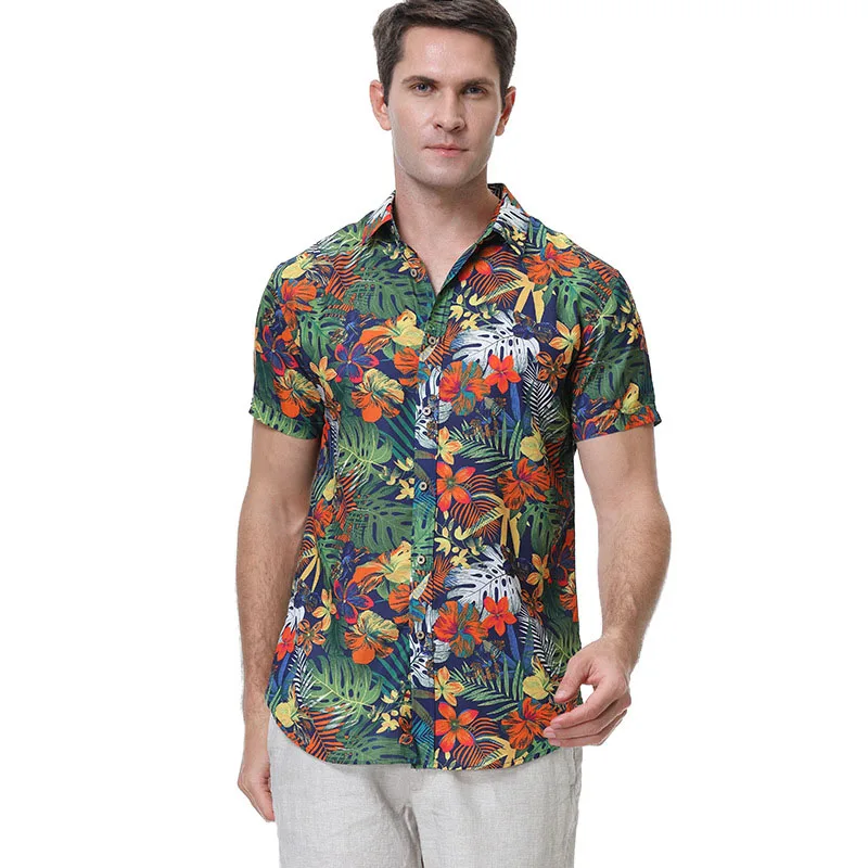 2022 Summer Casual Loose Plus Large Size Shirt Men's Hawaii Beach Vacation Shirt Floral Printing Short-Sleeved