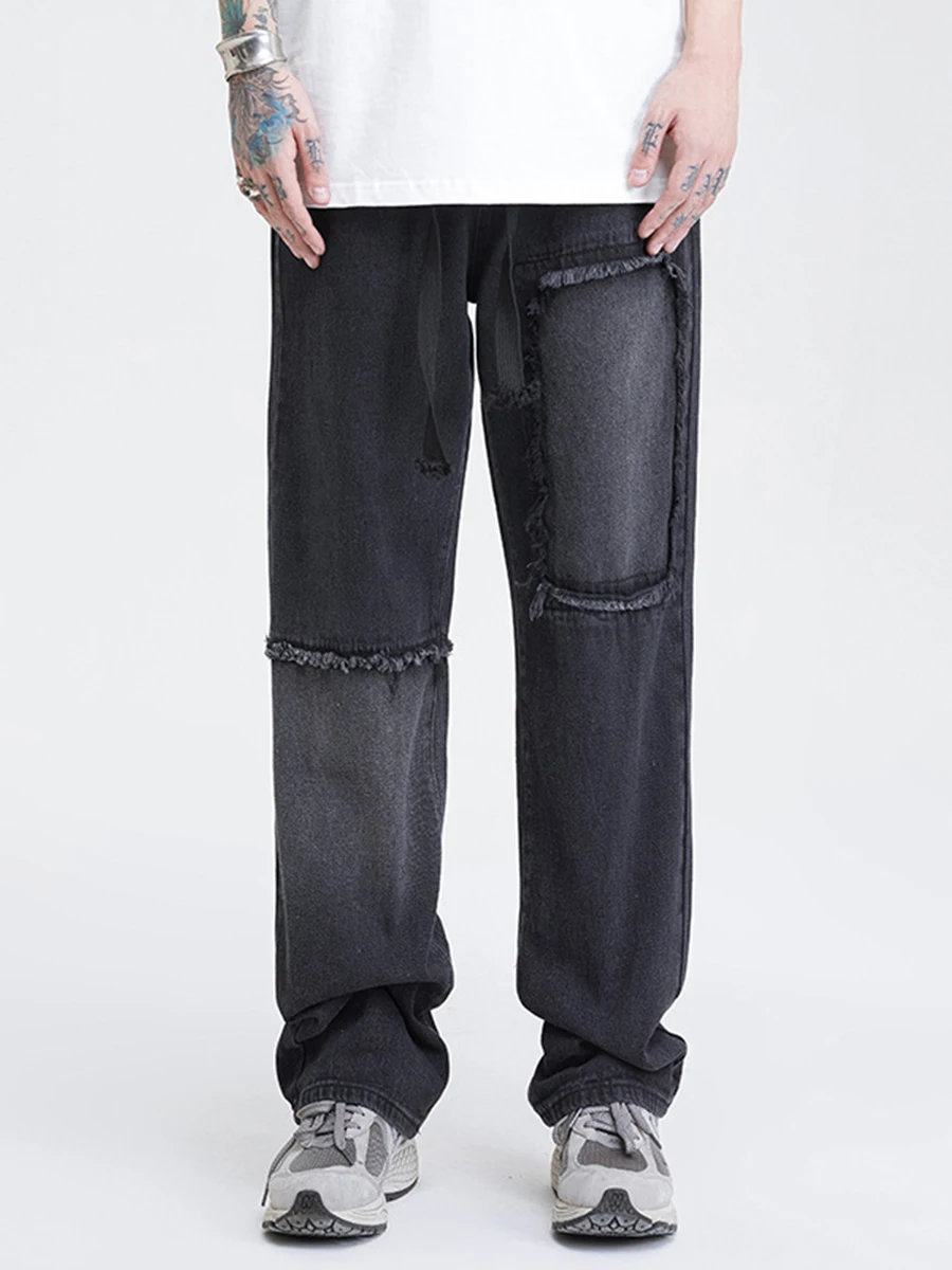 Four Seasons Men's Jeans Dark High Street Retro Loose Straight Wide Leg Pants Streetwear Y2K Men Jeans Ins Hot Men's Clothing