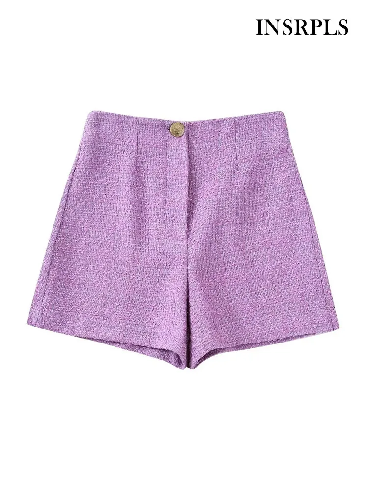 

INSRPLS Women Fashion With Gold Button Tweed Shorts Vintage High Waist Zipper Fly Female Short Pants Mujer