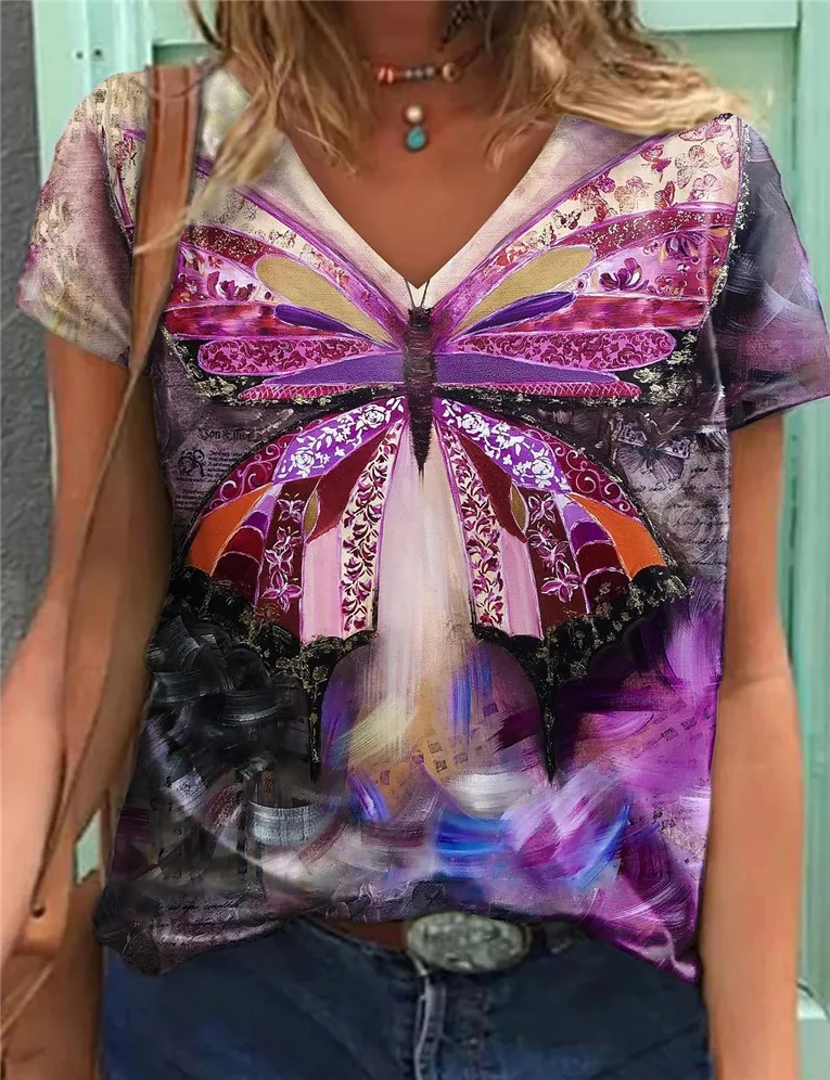

Women Butterfly T Shirt Printed V Neck Short Sleeve Pullovers 2022 Summer Fashion Casual Tee Loose Graphic Shirts Oversize Top