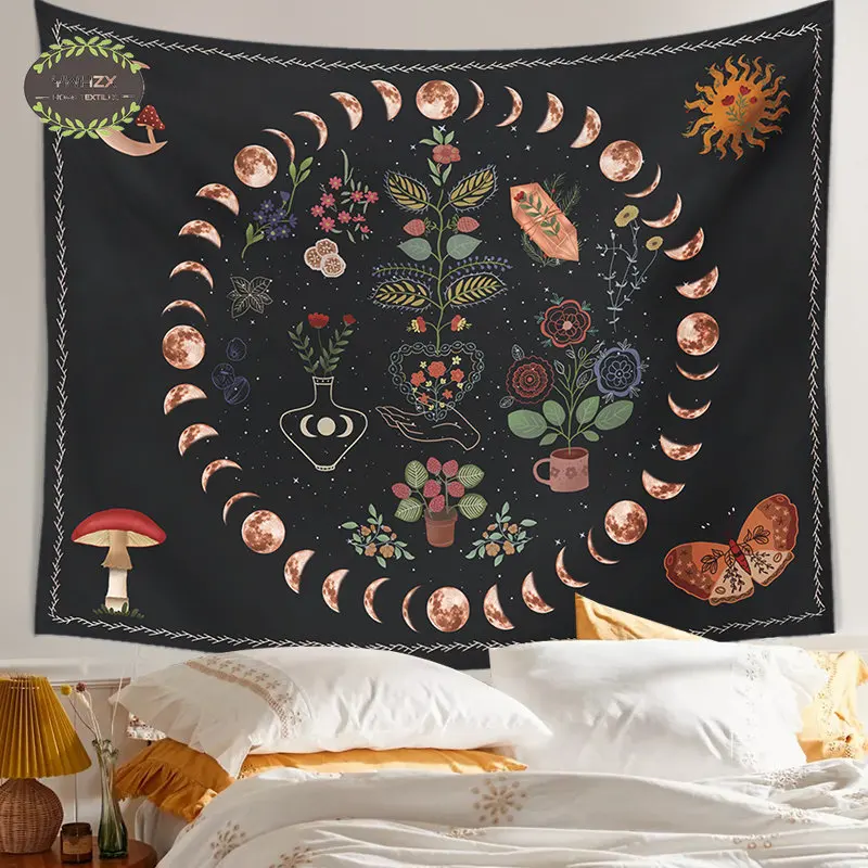 

Moon Phase Tapestry Wall Hanging Botanical Celestial Floral Background Cloth Hippie Starry Sky Tapestries Room Decor Aesthetic