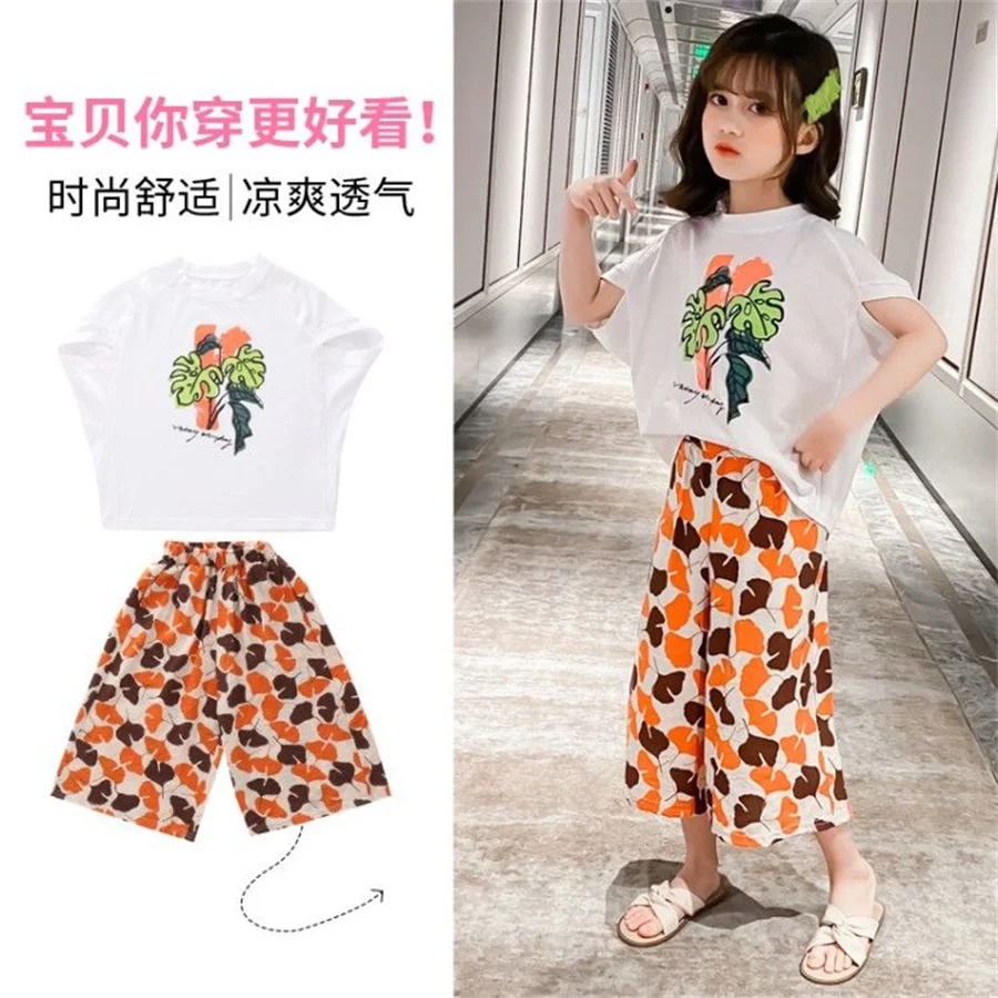 

Летние комплекты одежды для девочек-подростков, детские модные штаны с мультяшным рисунком + штаны с рисунком, комплект из 2 предметов, детский спортивный костюм