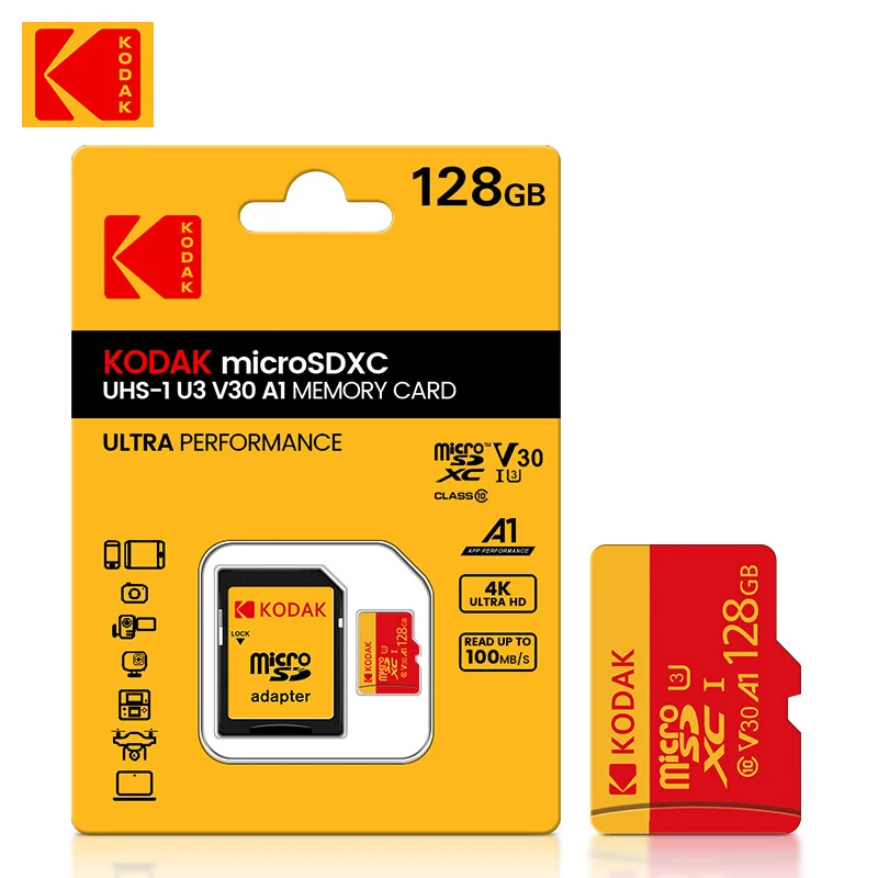 Карта памяти KODAK Red Micro SD 256 ГБ 100 МБ/с Class10 U3 UHS-I 32 64 128 TF SD-карта 4K HD для телефона ПК
