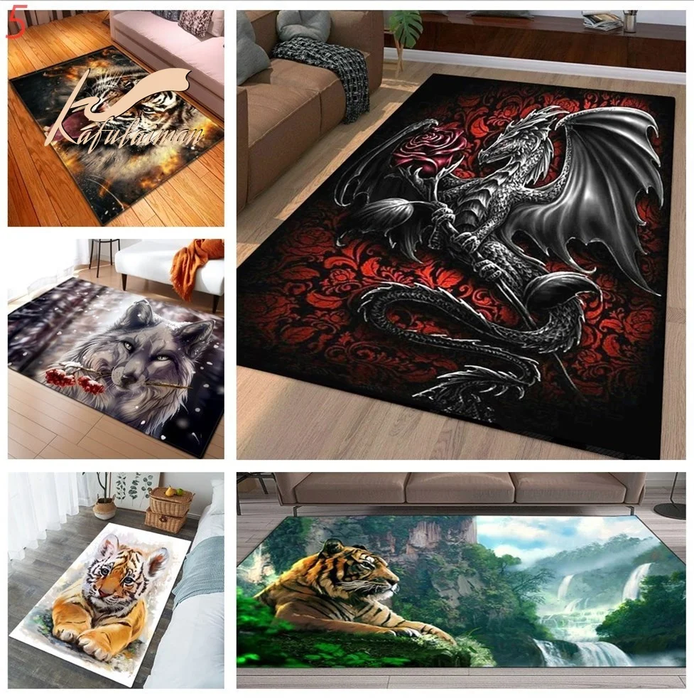 Dragon Wolf and Tiger Soft Rugs Bedroom Living Room , Floor Mat, Non Slip Rugs, Halloween Rugs, Rugs Decor