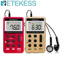 retekess v112 mini handheld radio portable fm am 2 band digital pocket radio receiver earphone speaker for walkman go hiking