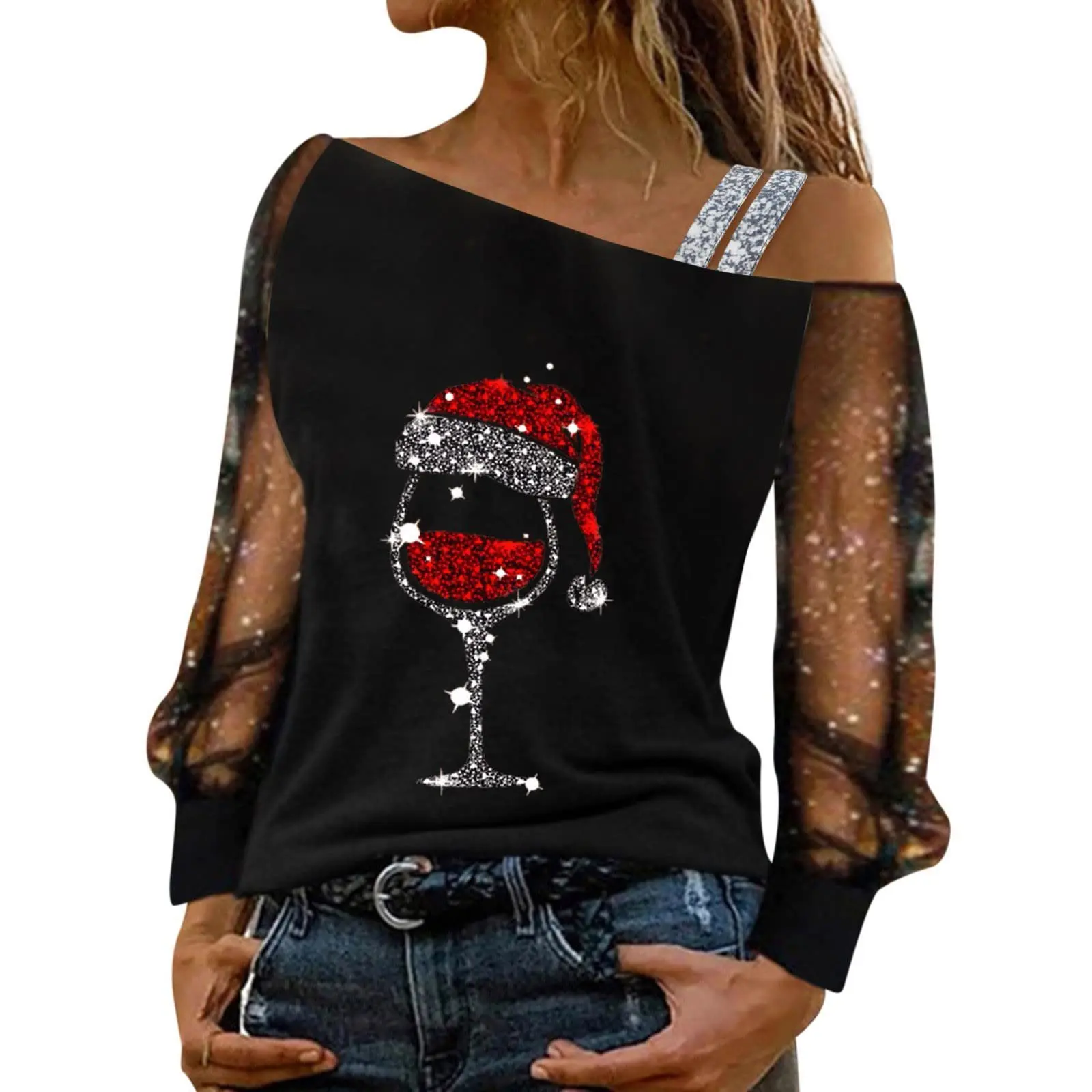 

Off Shoulder Women Christmas Blouse 2023 Winter Wine Glass Print Sequined Patchwork Mesh Long Sleeve Female Tops Partywear