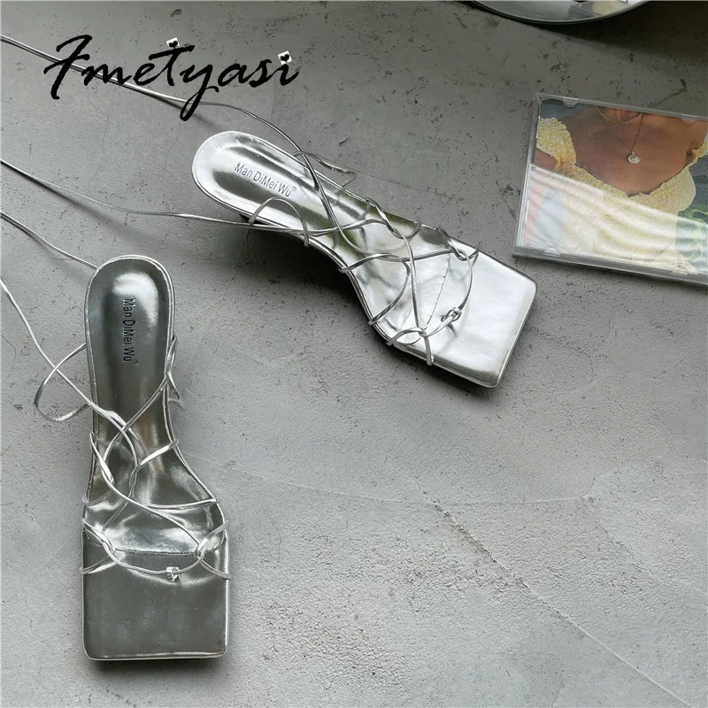 Women's Strappy Heels Sexy Square Toe Gladiator Comfortable Low Heel Sandals Open Toe PU Breathable Stiletto Shoes