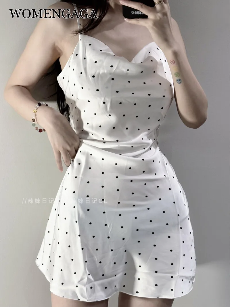 

WOMENGAGA Spicy Girl Cold Ice Silk Sexy For Female Dot Point 2023 Sexy Slash Neck White Dress Elegant Lovely Women Tops 2LP1