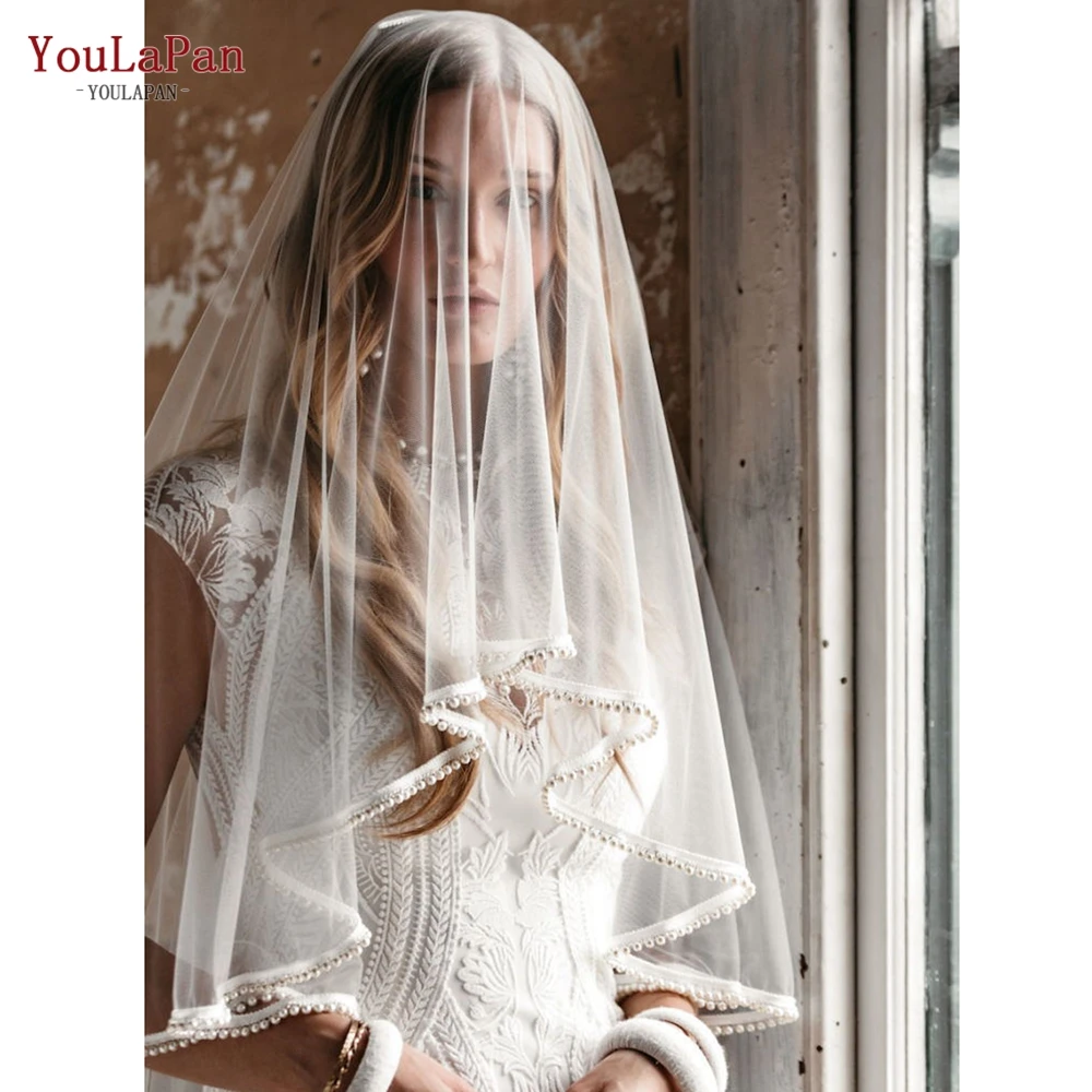 YouLaPan V124 Bridal Veil with Blusher 2 tiers Pearl Edge Weddin Veil Cover Face Wedding Decoration for Bride Fascinator Fan Veu