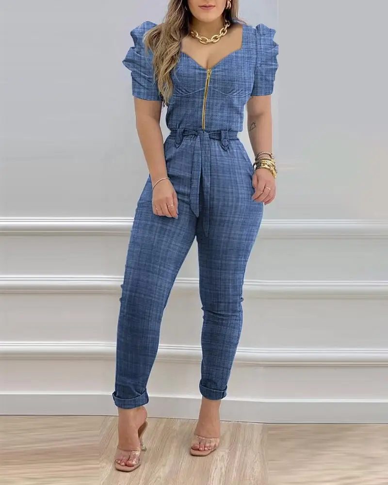 

Casual Women's Jumpsuit 2023 Summer Fashion Commuter Office Zipper with Belt Puff Sleeve Zipper Front Belted Jumpsuit