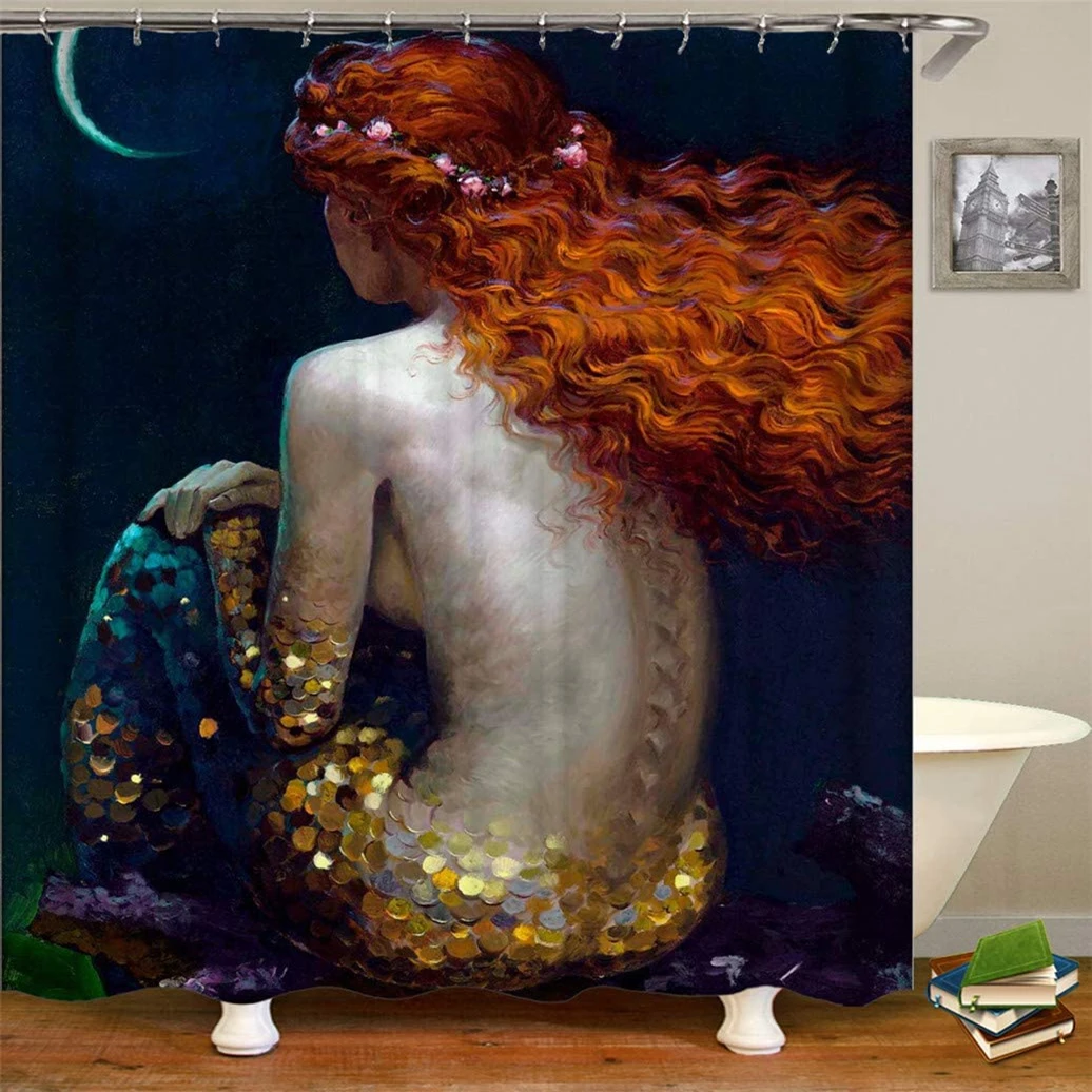 

Beautiful Mermaid Shower Curtain, Jellyfish Fabric Bathroom Curtains Set with Hooks Marine Ocean Animals Bathroom Decor Washable