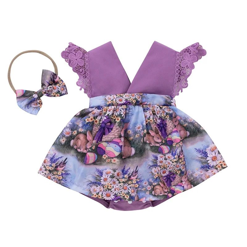 

2Pcs Girls Clothes Set Summer New Baby Girl Cartoon Cute Rabbit Print Lace Flying Sleeve Romper Baby Toddler Clothes + Hairband