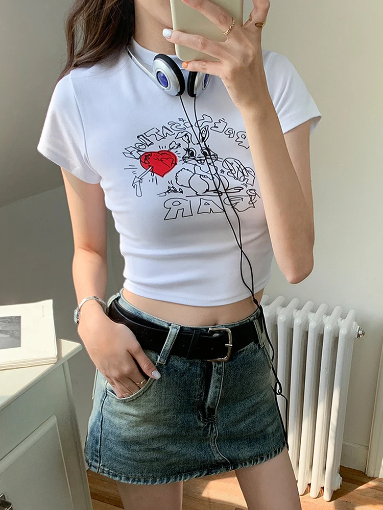 

BETHQUENOY Crop Tops For Women 2023 Rabbit Pattern Tee Shirt Femme Camisetas Mujer Manga Corta Mock Neck Fitted Casual Tshirts