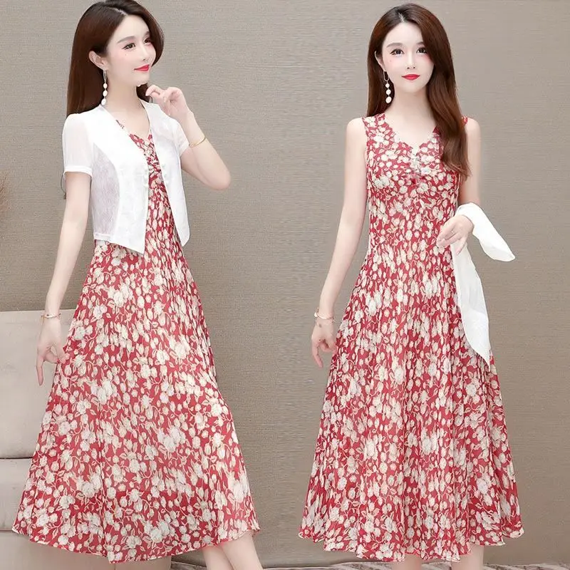 

Dress Suit Women's Fashion Summer New Style Style Bandage Retro Floral Printed Dress Ladies Chiffon Blouse Two-piece Suit G149