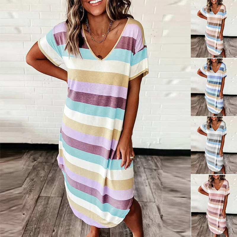 

Women Long Dress Summer Loose Striped Printed Short Sleeve Long Dress Women's Clothing High Waist Fashion Casual