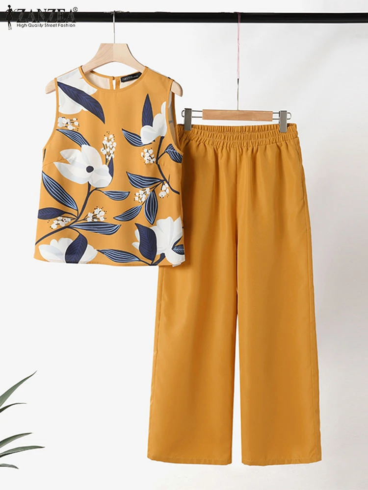 Костюм спортивный ZANZEA женский летний из топа без рукавов с круглым вырезом и брюк