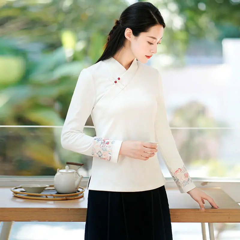 Chinese style top long sleeve undercoat blouse retro hanfu tops elegant oriental tang suit vintage tea art chinese blouse a754