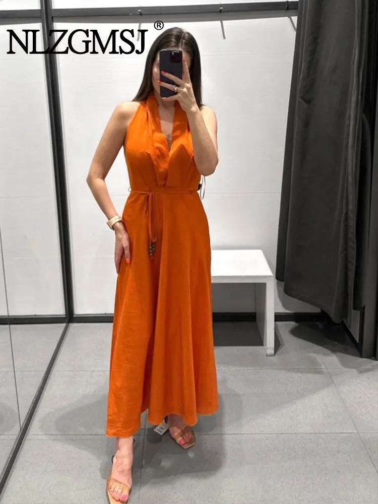 

Nlzgmsj TRAF Women 2023 Chic Fashion Summer V-neck Midi Dress Vintage Backless Frenulum Elastic Force Female Dresses Mujer