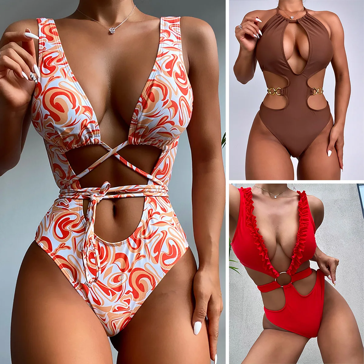 

Купальный костюм женский слитный с чашками пуш-ап и завышенной талией