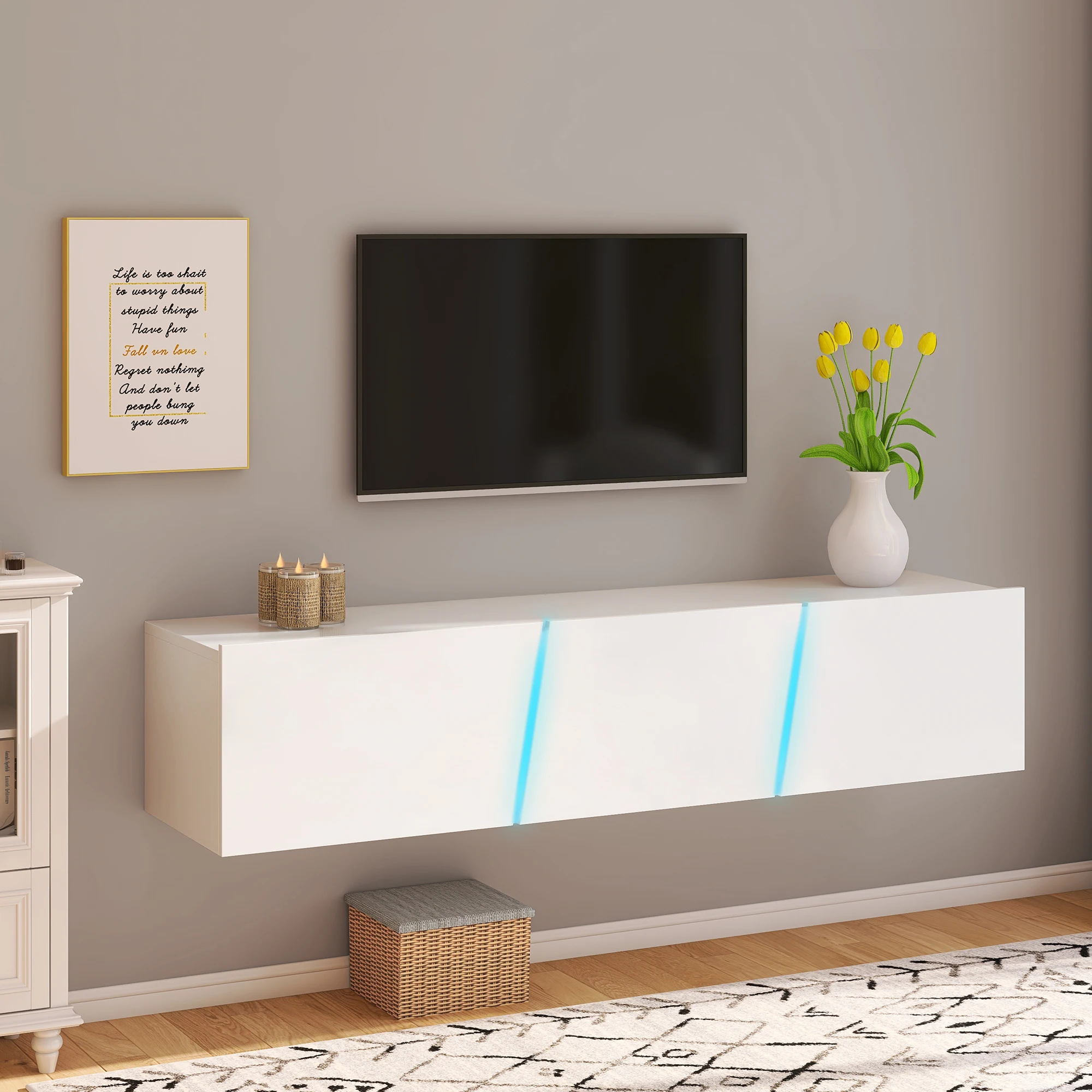 

55Inch TV Unit Cabinet Modern 16-color LED TV Stand with 3 Cabinets Living Room Furniture Suspended TV Table Home Furnishings